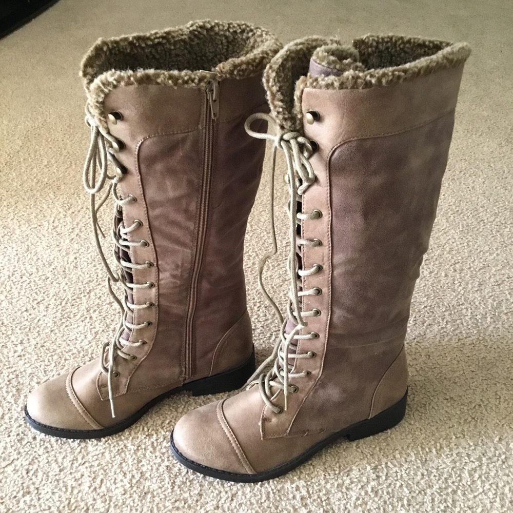 New Long Taupe Faux Suede Lace-Up Boots